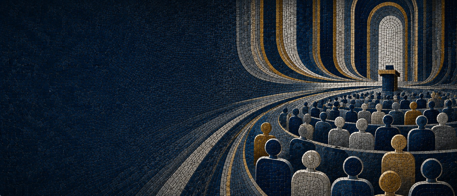 Mosaïque bleu profond et doré : une assemblée réunie en arc de cercle face à un pupitre éclairé.