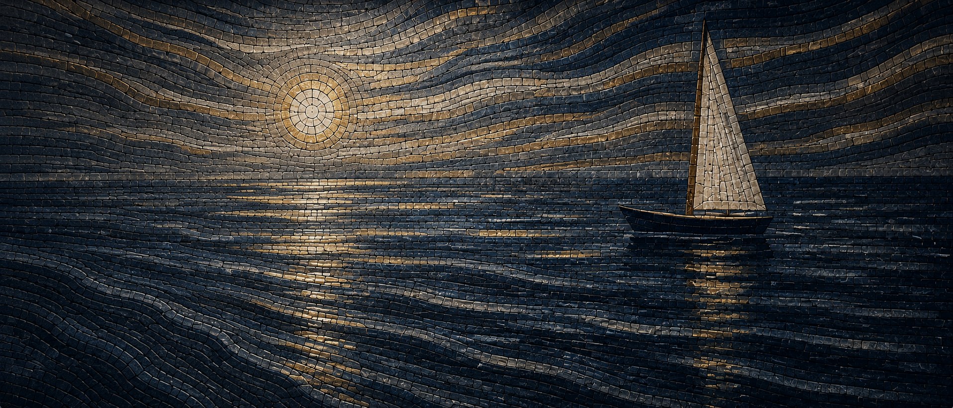 Mosaïque bleu profond et doré : un voilier tient son cap sur une mer au soleil couchant.