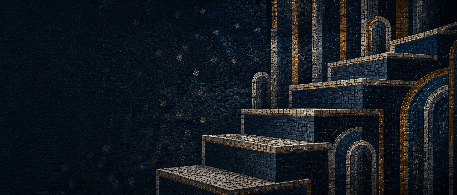 Mosaïque bleu profond et doré : un escalier de pierre s’élève vers une architecture d’arches, image de la progression des compétences.