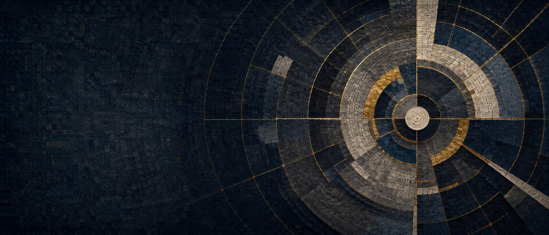 Mosaïque bleu profond et doré : des cercles concentriques gradués convergent vers un point de mire, image d’un diagnostic.