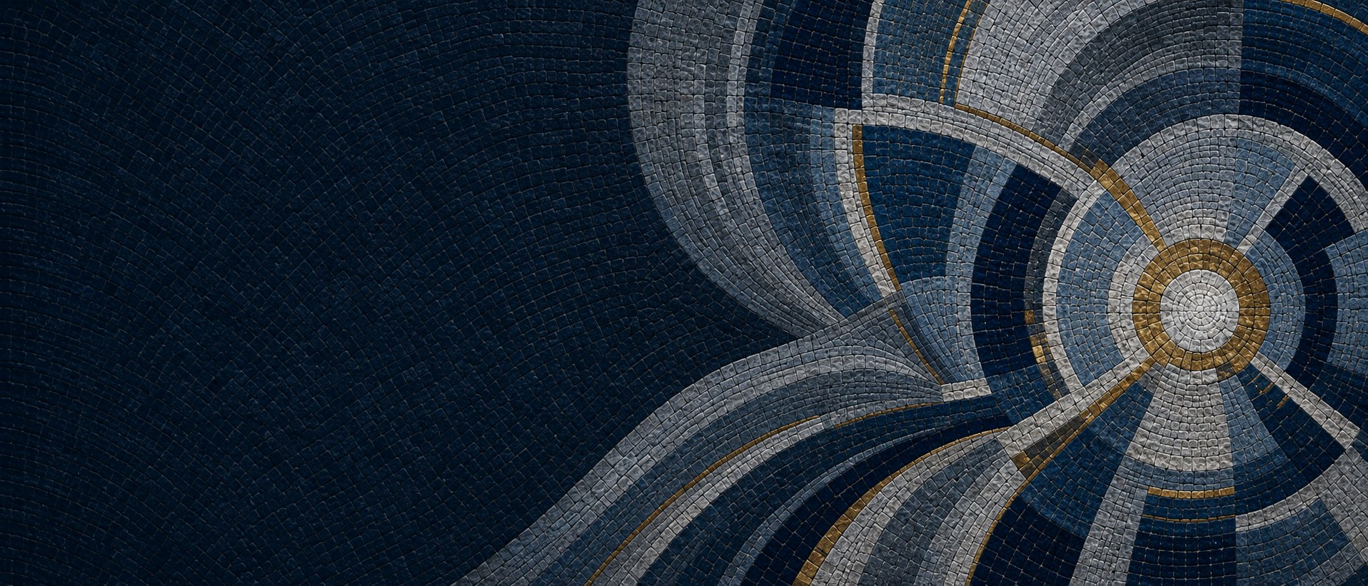 Mosaïque bleu profond et doré : des arcs convergent vers un cercle central, image d’une table réunie autour d’un même enjeu.