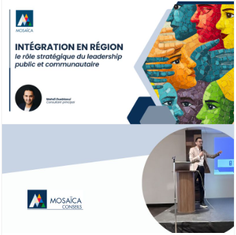 Visuel de la conférence « Intégration en région : le rôle stratégique du leadership public et communautaire », avec une vue de la présentation en salle.