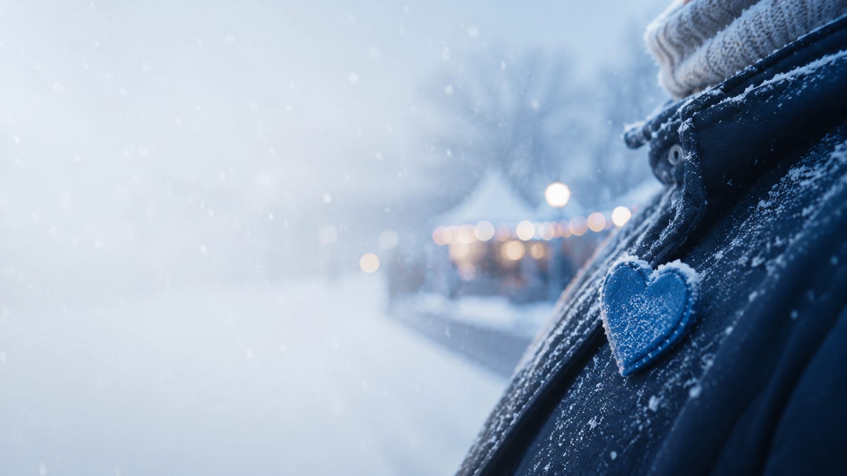 Coeur de tissu givré épinglé sur un manteau d'hiver, lumières du Carnaval de Québec floues en arrière-plan