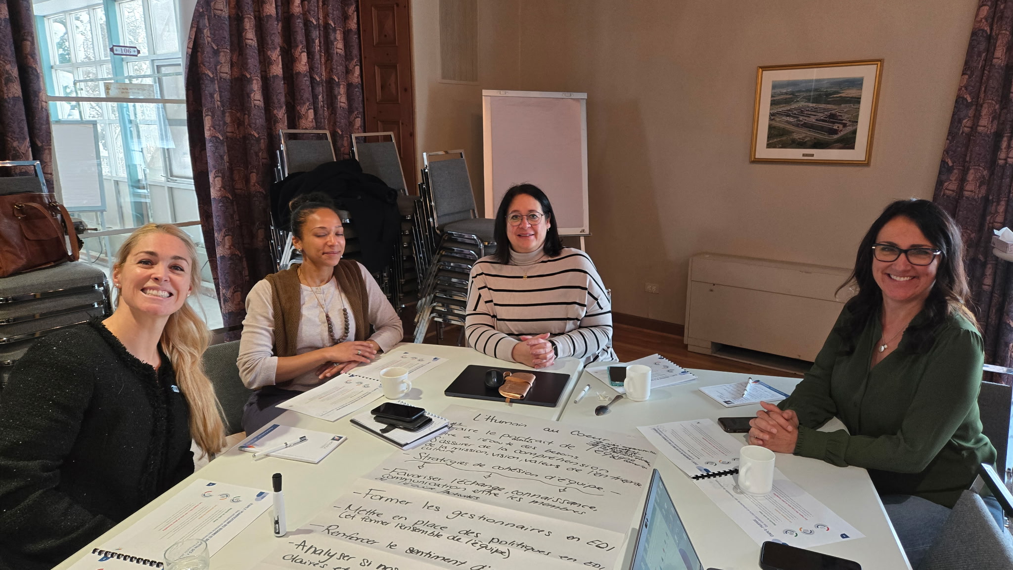 Petit groupe de participants échangeant autour de notes de travail sur grande feuille