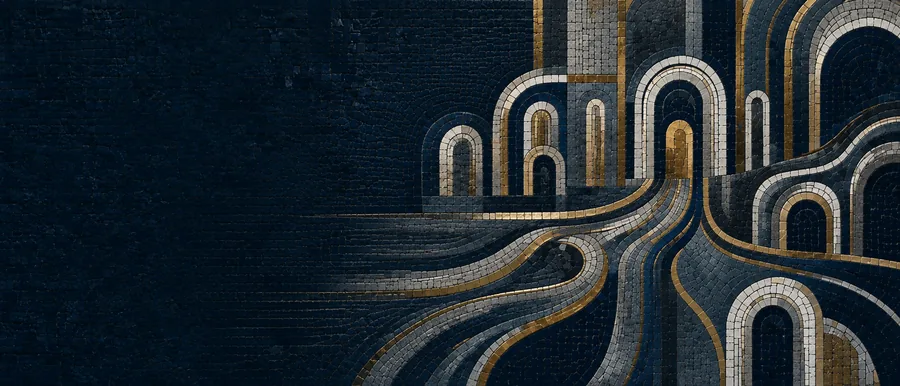 Mosaïque Passages : une suite de seuils de tesselles ouvrant sur des parcours successifs.